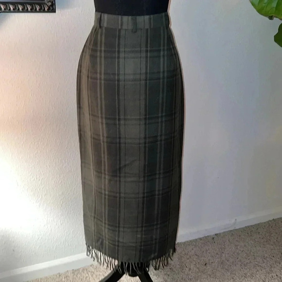 Ralph Lauren Women’s Vintage 80s 90s Olive Plaid Wool Fringe Preppy Skirt 10 - Picture 6 of 16